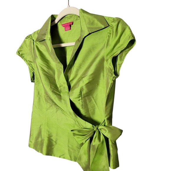 Sunny Leigh Womens 100% Silk Green Y2K Cyber Metallic Party Date Wrap Top Size 4 - Picture 2 of 8